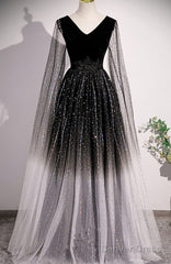 Black Shiny Tulle Gradient Tulle V-Neckline Party Dress, Black Tulle Prom Dress