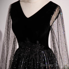 Black Shiny Tulle Gradient Tulle V-Neckline Party Dress, Black Tulle Prom Dress