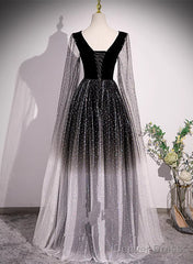 Black Shiny Tulle Gradient Tulle V-Neckline Party Dress, Black Tulle Prom Dress