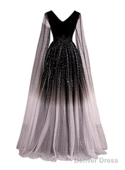 Black Shiny Tulle Gradient Tulle V-Neckline Party Dress, Black Tulle Prom Dress