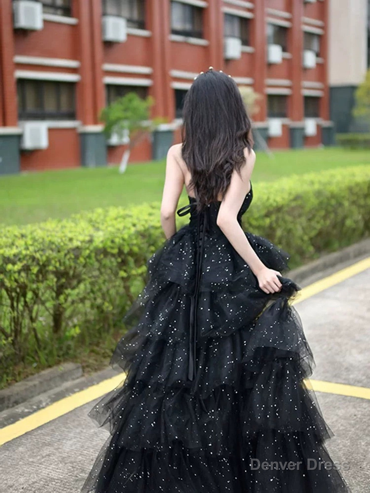 Black Shiny Tulle Layers Long Party Dress with Leg Slit, Black Tulle Prom Dress