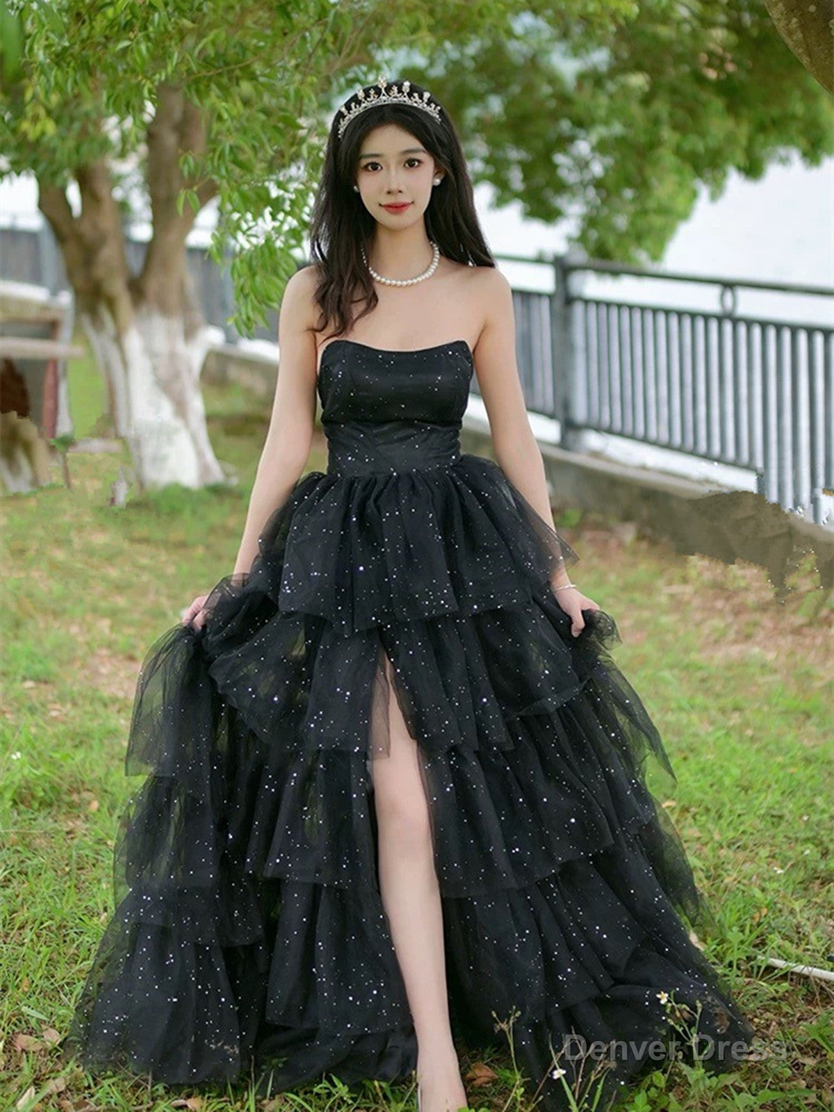Black Shiny Tulle Layers Long Party Dress with Leg Slit, Black Tulle Prom Dress Main image