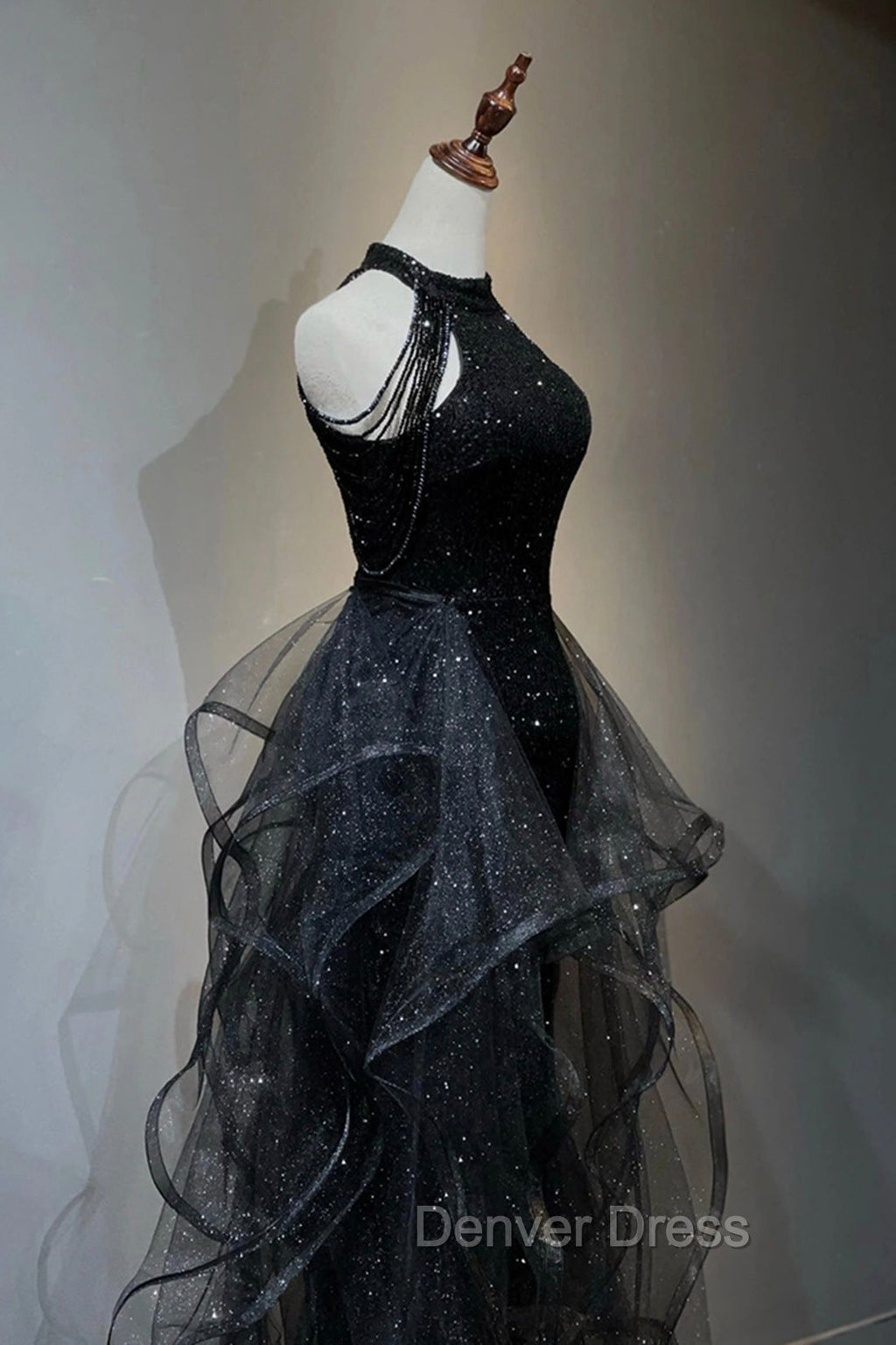 Black Shiny Tulle Long Prom Dress with Beaded, Black Prom Dresses