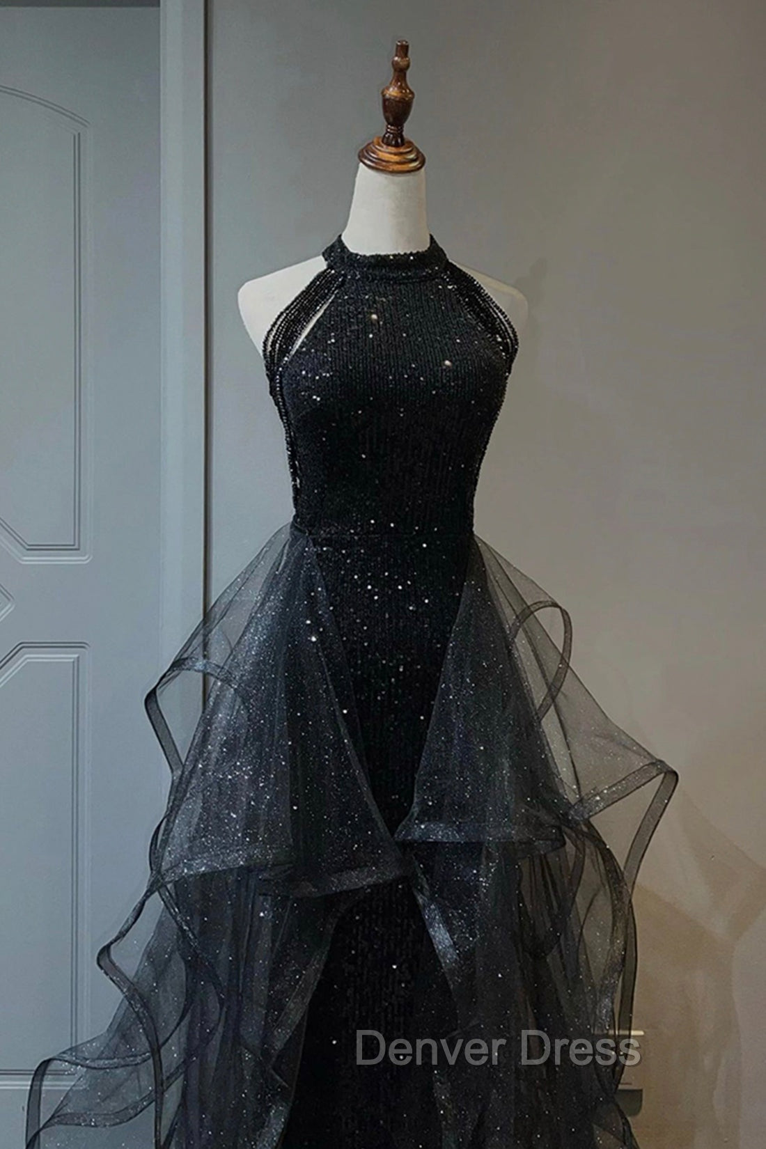 Black Shiny Tulle Long Party Dresses with Beaded, Black Evening Dresses
