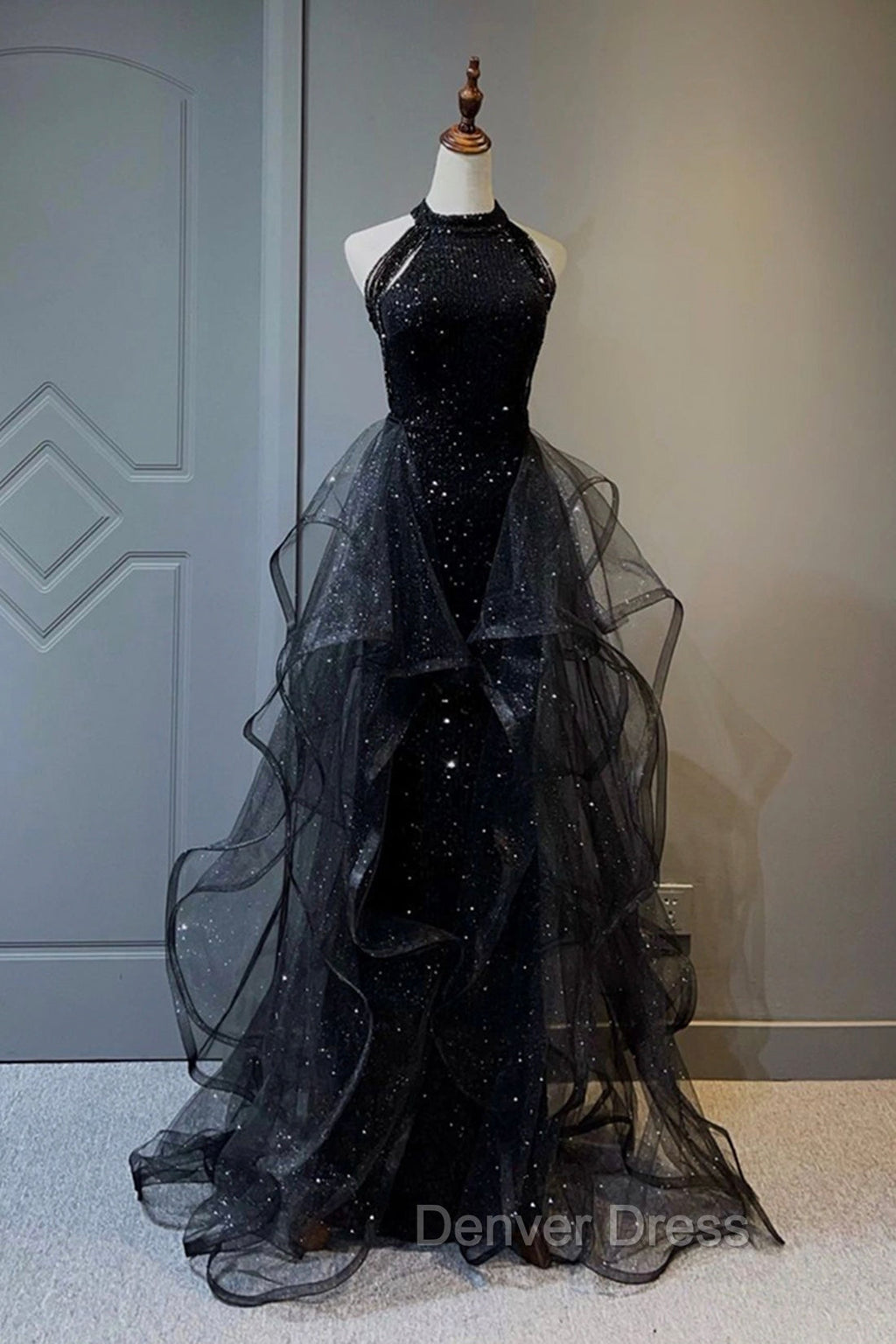 Black Shiny Tulle Long Prom Dress with Beaded, Black Prom Dresses