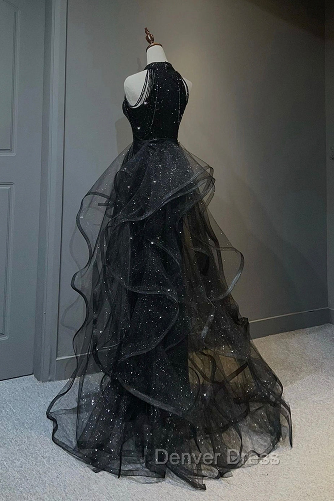 Black Shiny Tulle Long Prom Dress with Beaded, Black Prom Dresses