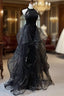 Black Shiny Tulle Long Prom Dress with Beaded, Black Prom Dresses