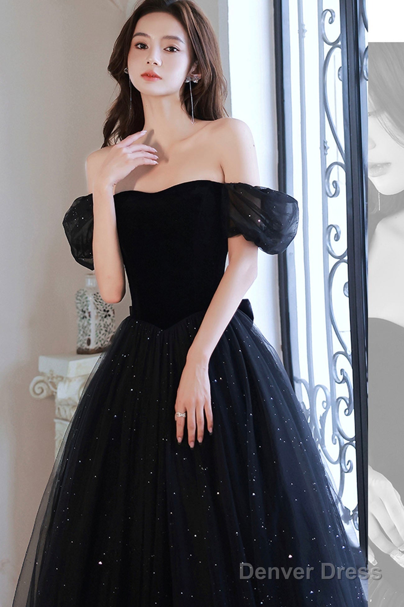 Black Shiny Tulle Long Prom Dress, Black Short Sleeve Evening Dress