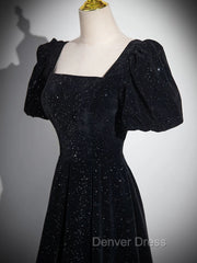 Black Short Sleeves A-line Simple Prom Dresses, Black Party Dresses Bridesmaid Dresses