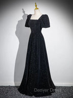 Black Short Sleeves A Line Simple Prom Dress, Black Prom Dress Bridesmaid Dresses