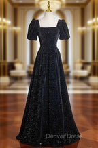 Black Short Sleeves A Line Simple Prom Dress, Black Prom Dress Bridesmaid Dresses