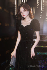 Black Short Sleeves A-Line Velvet Long Prom Dress, Black Evening Dress Party Dress