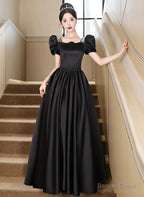 Black Short Sleeves Beaded A Line Satin Prom Dress, Black Satin Prom Dresses
