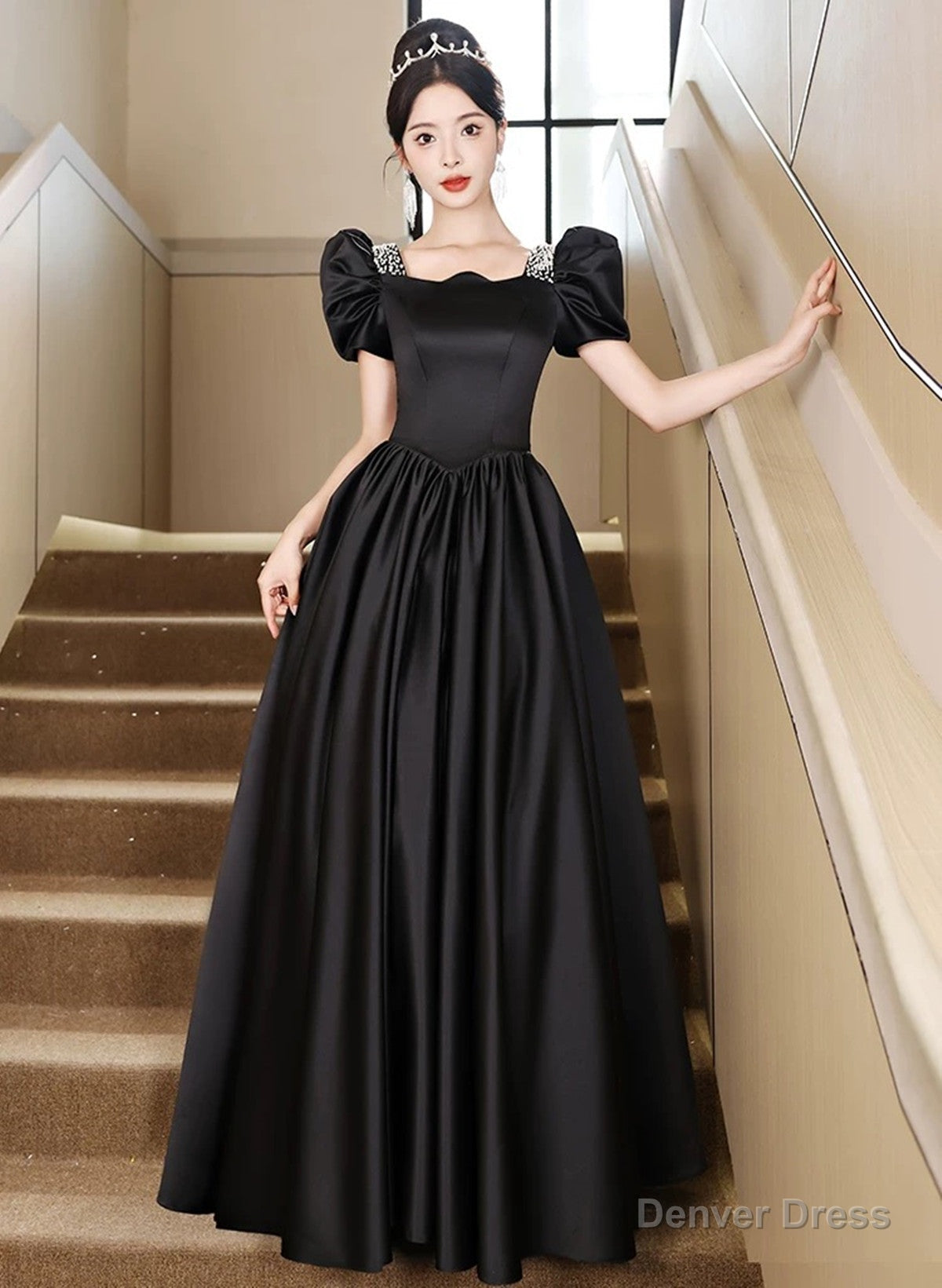 Black Short Sleeves Beaded A Line Satin Prom Dress, Black Satin Prom Dresses