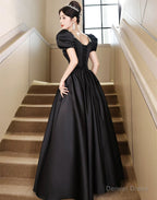 Black Short Sleeves Beaded A Line Satin Prom Dress, Black Satin Prom Dresses