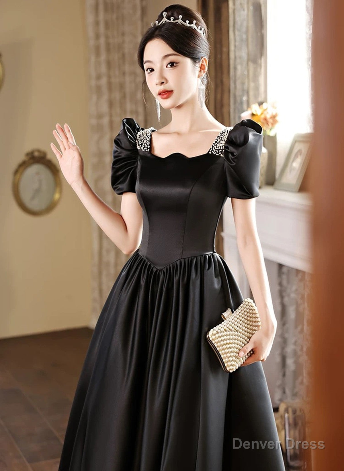Black Short Sleeves Beaded A Line Satin Prom Dress, Black Satin Prom Dresses