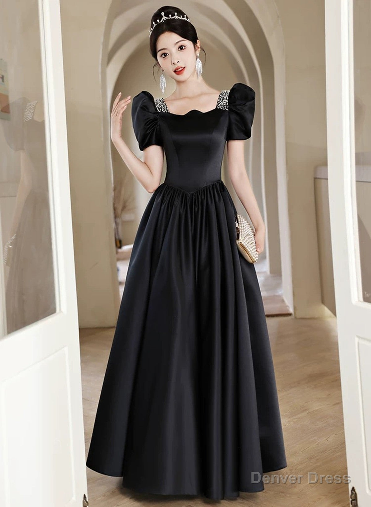 Black Short Sleeves Beaded A Line Satin Prom Dress, Black Satin Prom Dresses