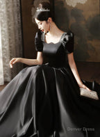Black Short Sleeves Beaded A Line Satin Prom Dress, Black Satin Prom Dresses