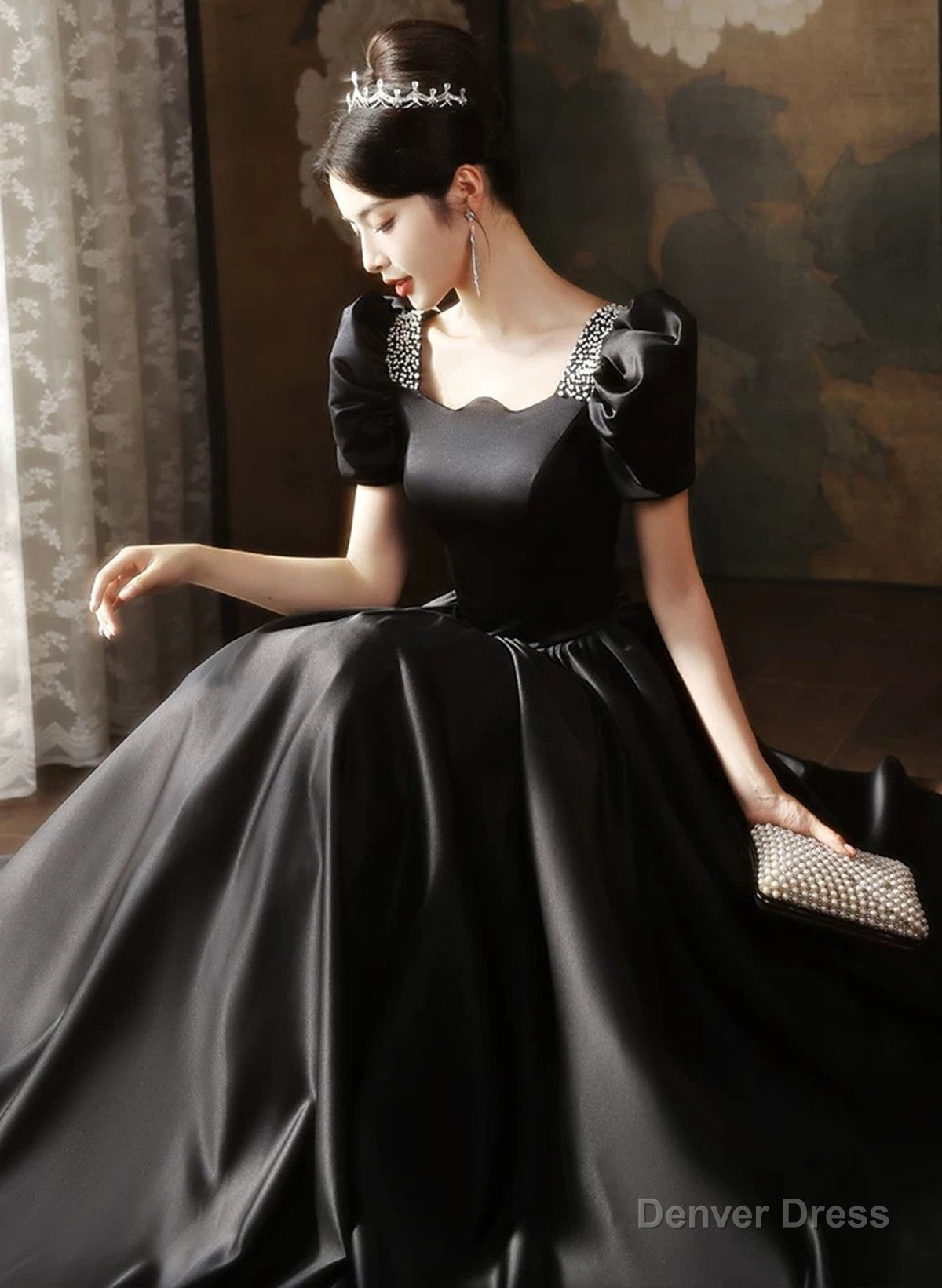 Black Short Sleeves Beaded A Line Satin Prom Dress, Black Satin Prom Dresses