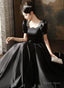 Black Short Sleeves Beaded A Line Satin Prom Dress, Black Satin Prom Dresses