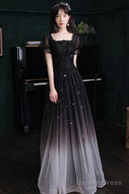 Black Short Sleeves Gradient Tulle With Lace Party Dress, Black A-Line Prom Dress