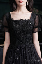 Black Short Sleeves Gradient Tulle With Lace Party Dress, Black A-Line Prom Dress