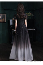 Black Short Sleeves Gradient Tulle With Lace Party Dress, Black A-Line Prom Dress