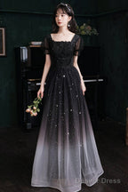 Black Short Sleeves Gradient Tulle With Lace Party Dress, Black A-Line Prom Dress
