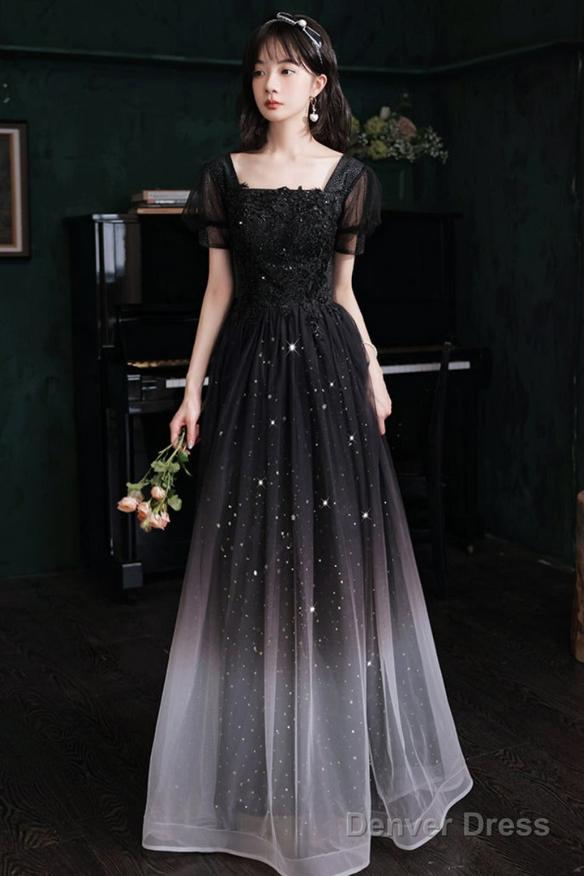 Black Short Sleeves Gradient Tulle With Lace Party Dress, Black A-Line Prom Dress