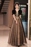 Black Short Sleeves Tulle Long Party Dress With Lace, Black A-Line Prom Dress