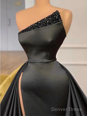 Black Sleeveless A-Line Beaded Side Slit Prom Dress,