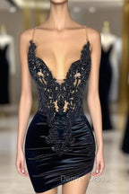 Black Sleeveless Short Prom Dresses with Spaghetti Straps and Beadings