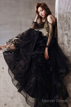 Black Spaghetti Strap Lace Long Prom Dress, Black Evening Graduation Dress