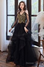 Black Spaghetti Strap Lace Long Prom Dress, Black Evening Graduation Dress