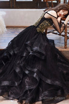 Black Spaghetti Strap Lace Long Prom Dress, Black Evening Graduation Dress