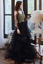 Black Spaghetti Strap Lace Long Prom Dress, Black Evening Graduation Dress