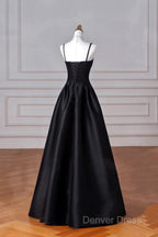 Black Spaghetti Strap Satin Long Prom Dresses, A-Line Backless Evening Party Dresses