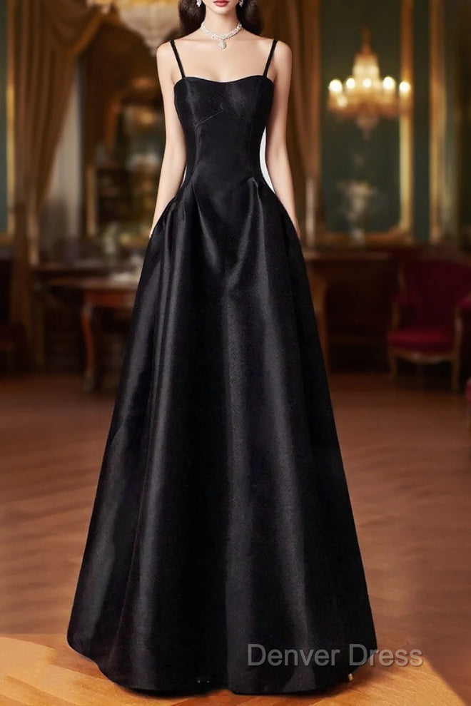 Black Spaghetti Strap Satin Long Prom Dresses, A-Line Backless Evening Party Dresses Main image