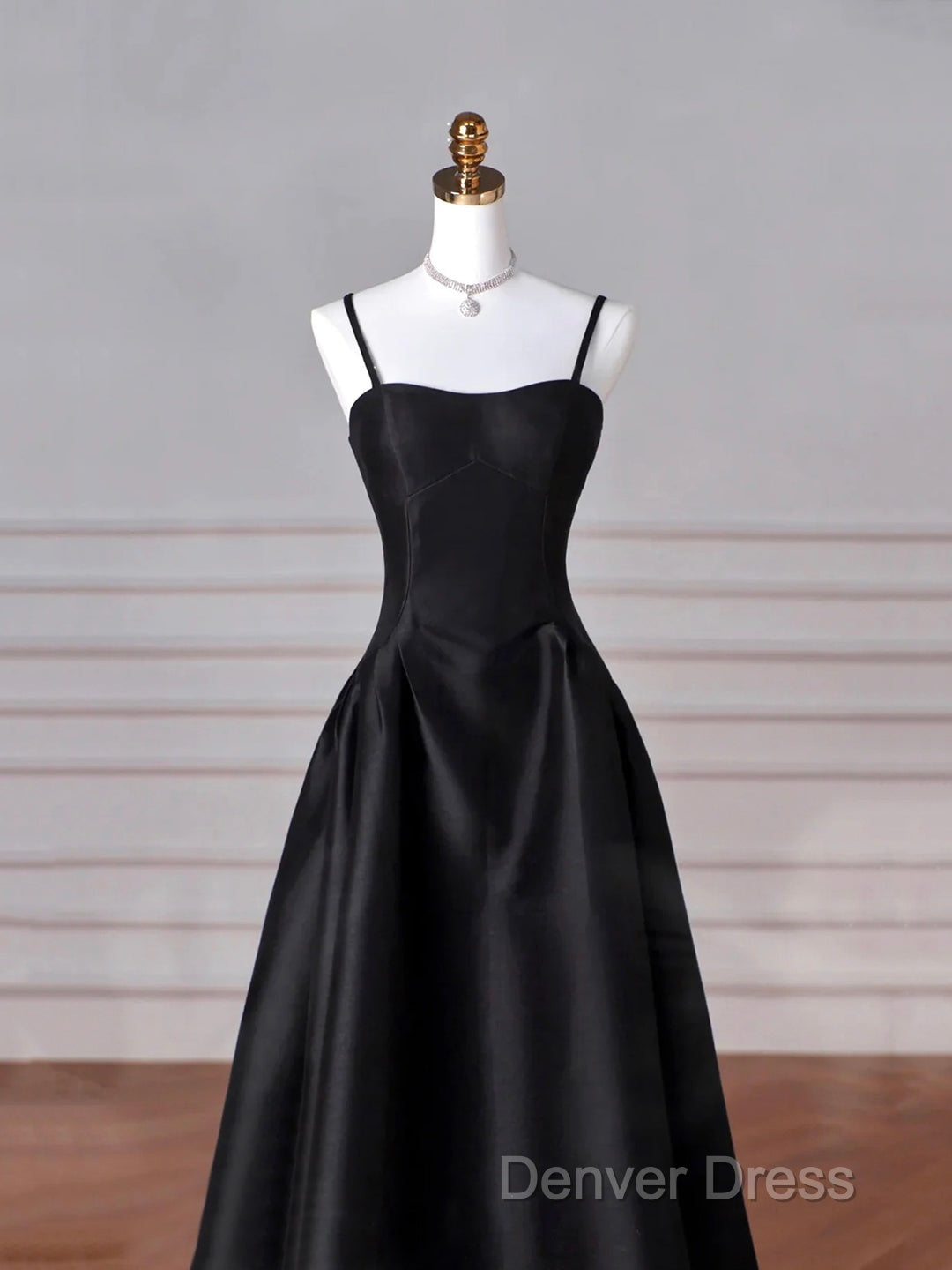 Black Spaghetti Strap Satin Long Prom Dresses, Black A-Line Evening Dresses