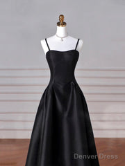 Black Spaghetti Strap Satin Long Prom Dress, Black A-Line Evening Dress