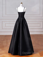 Black Spaghetti Strap Satin Long Prom Dresses, Black A-Line Evening Dresses