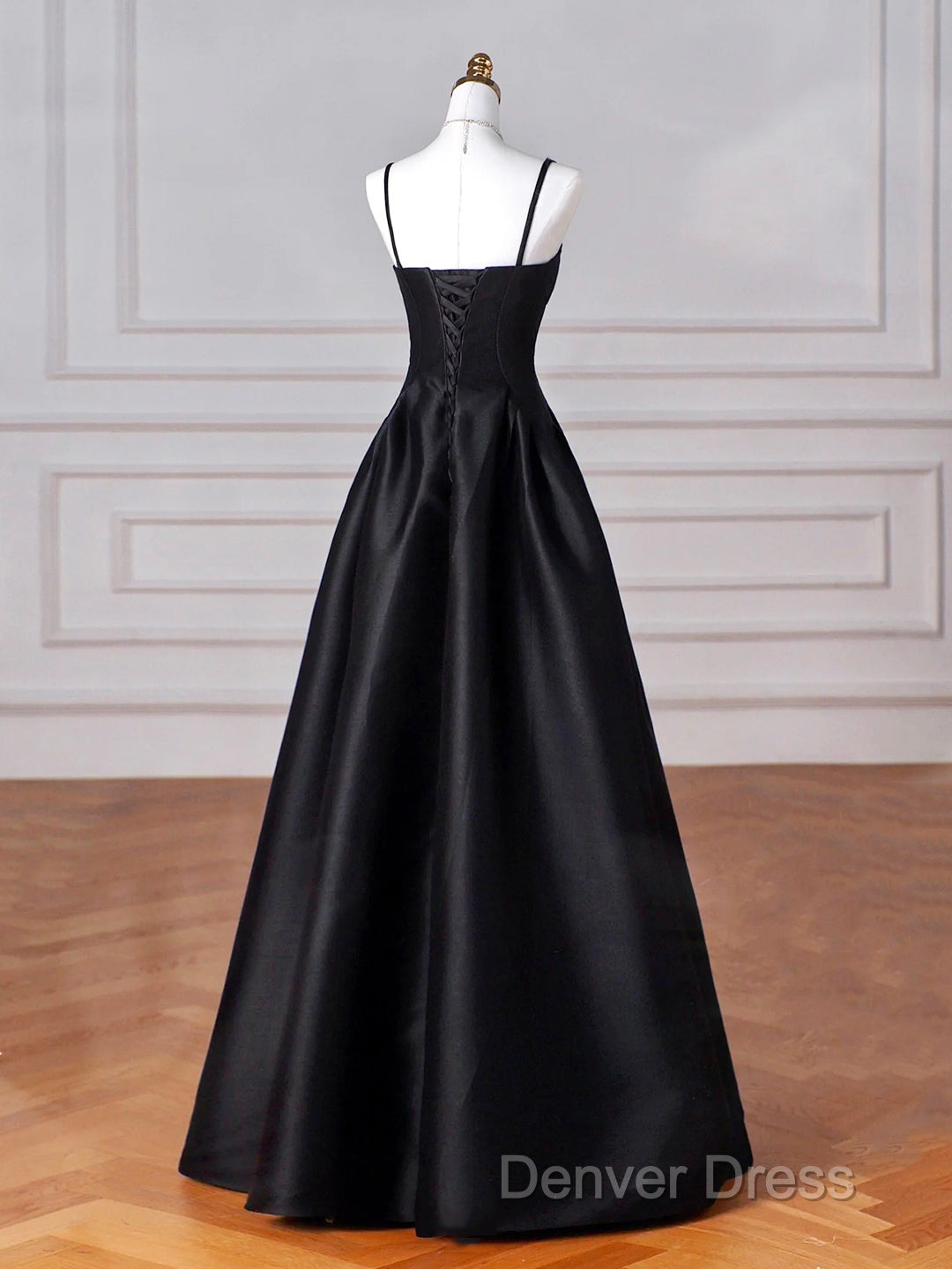 Black Spaghetti Strap Satin Long Prom Dresses, Black A-Line Evening Dresses