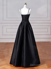 Black Spaghetti Strap Satin Long Prom Dress, Black A-Line Evening Dress