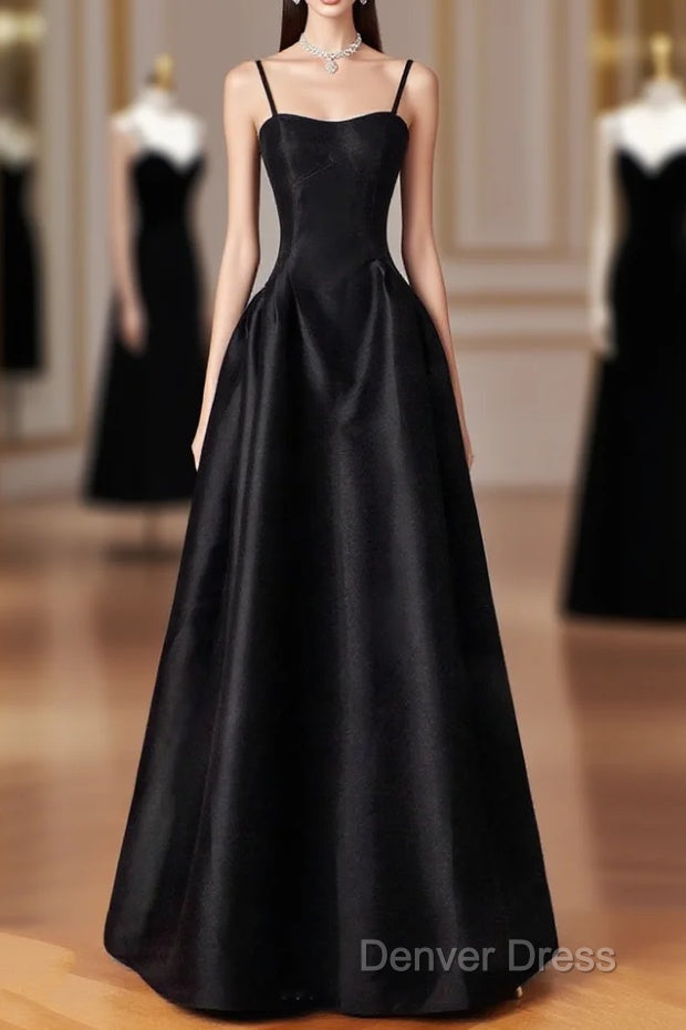 Black Spaghetti Strap Satin Long Prom Dresses, Black A-Line Evening Dresses Main image