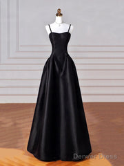 Black Spaghetti Strap Satin Long Prom Dress, Black A-Line Evening Dress