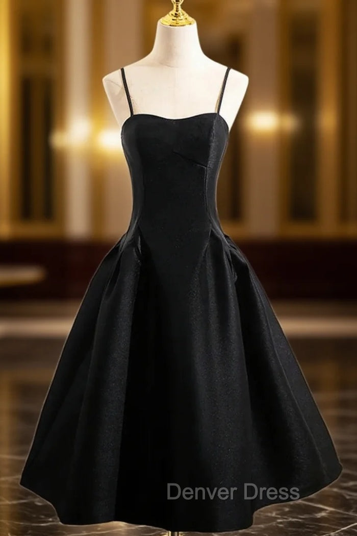 Black Spaghetti Strap Satin Prom Dresses Main image