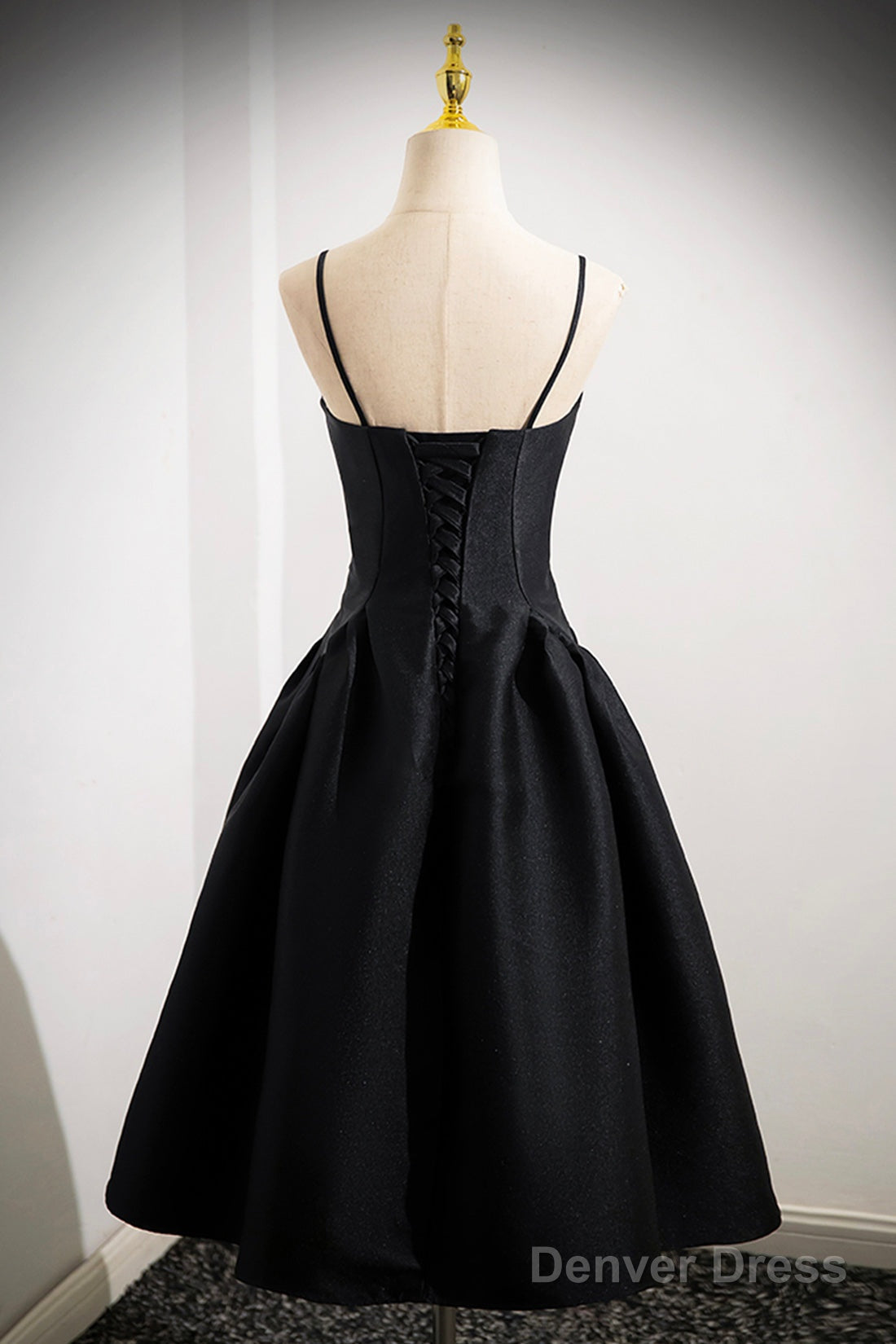 Black Spaghetti Strap Satin Short Prom Dress, Simple A-Line Homecoming Prom Dresses