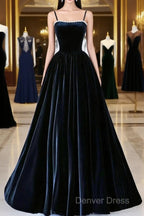 Black Spaghetti Strap Velvet Long Prom Dresses With Pearls, A-Line Evening Dresses Party Dresses