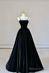 Black Spaghetti Strap Velvet Long Prom Dress With Pearls, A-Line Evening Dress Party Dress