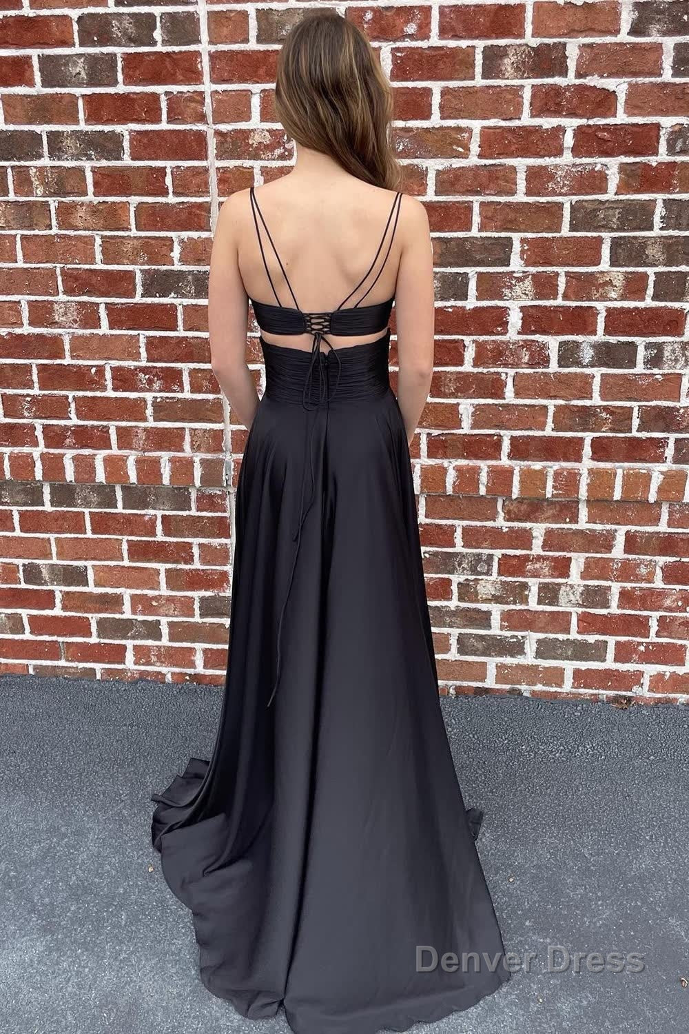 Black Spaghetti Straps Cut Out Long Prom Dress with Slit Secondary image